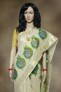 Kerala Kasavu Saree with Krishna prints