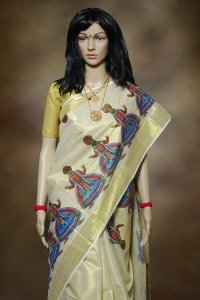 Kerala Kasavu Saree with Kathakali prints