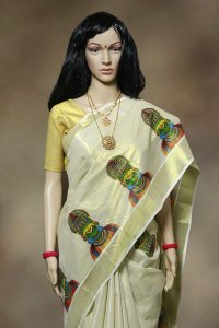 Kerala Kasavu Saree with Kathakali face print