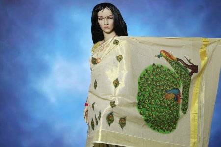 Kerala Kasavu Saree with dancing peacock prints