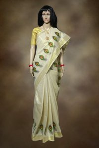 Kerala Kasavu Saree with peacock feather prints