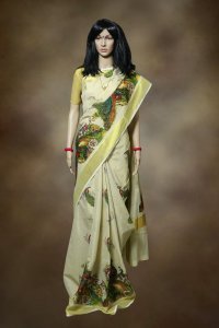 Kerala Kasavu Saree with standing peacock prints