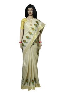 Kerala Kasavu Saree with peacock feather prints